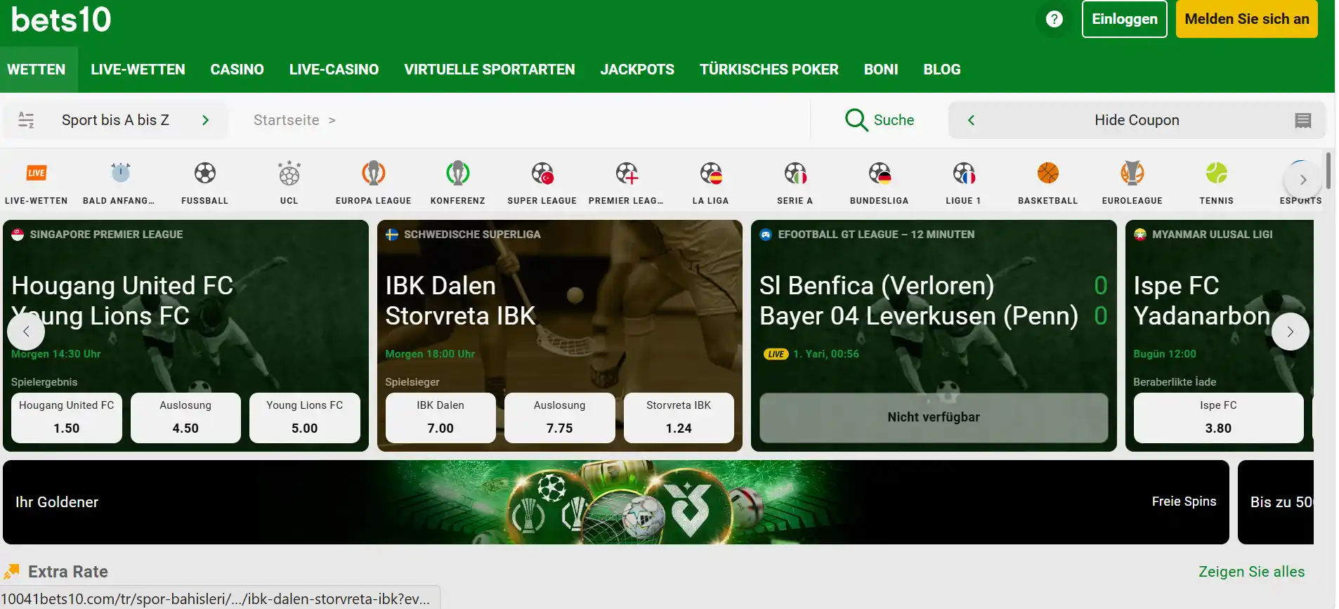 Sportwettenbereich von Bets10 mit Auswahl der Sportkategorien