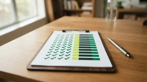 Klemmbrett mit markierten Feldern, bunten Streifen und Stift auf einem Holztisch