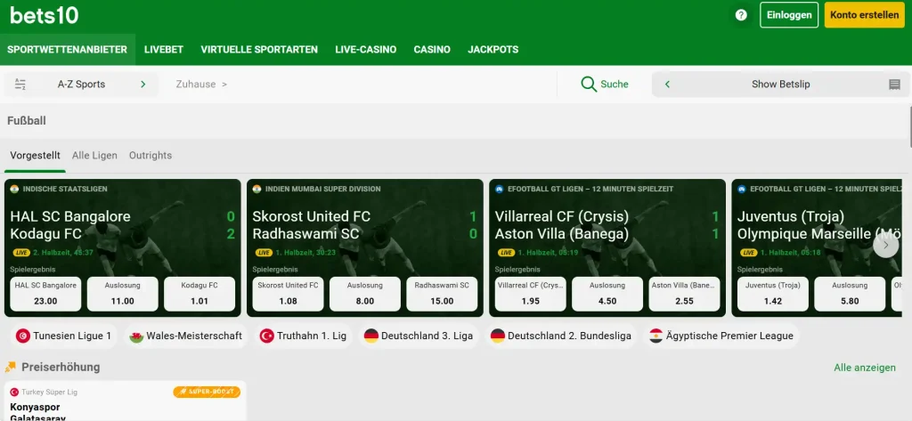 Fußballkategorie mit Begegnungen und Wettauswahl in der Bets10-Oberfläche