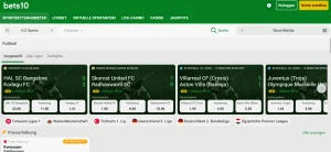 Fußballkategorie mit Begegnungen und Wettauswahl in der Bets10-Oberfläche