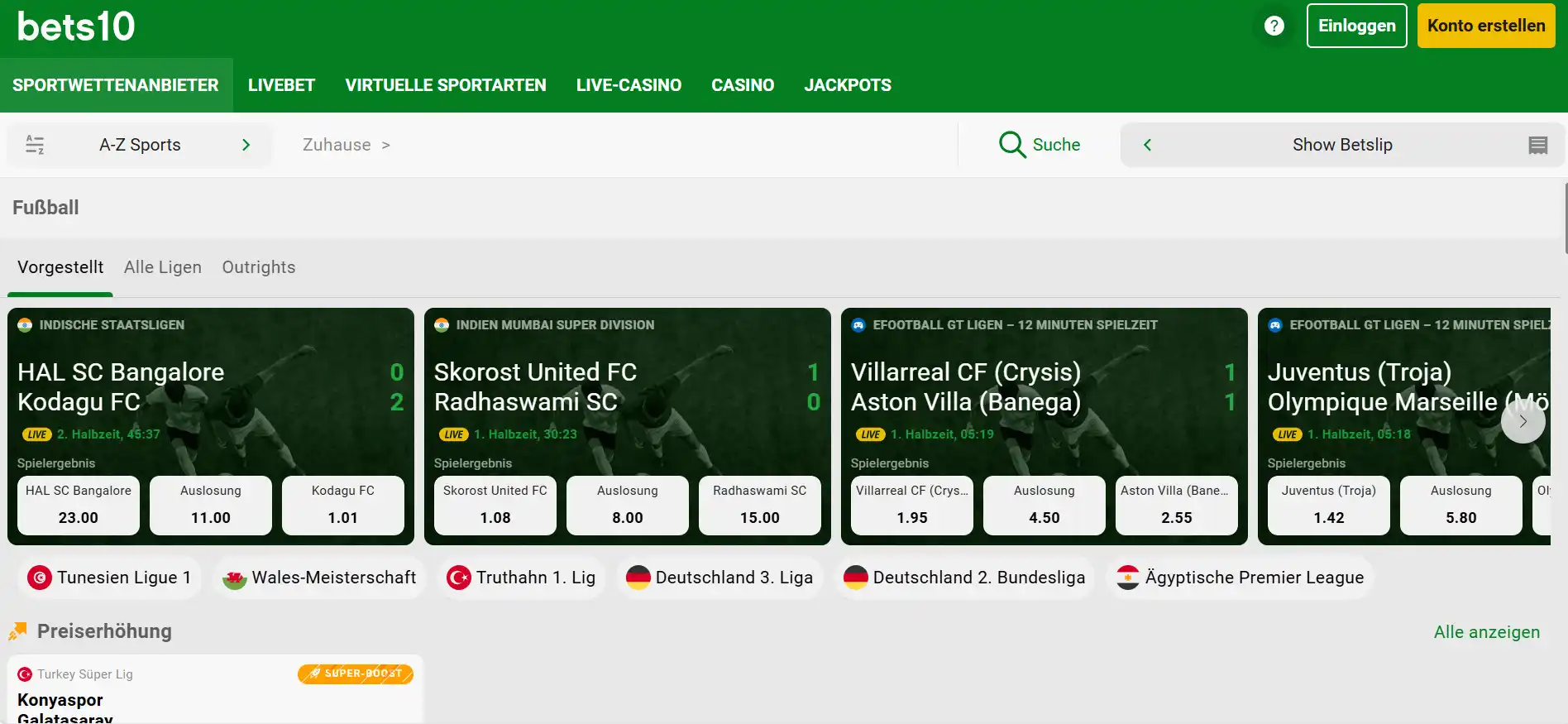 Fußballkategorie mit Begegnungen und Wettauswahl in der Bets10-Oberfläche