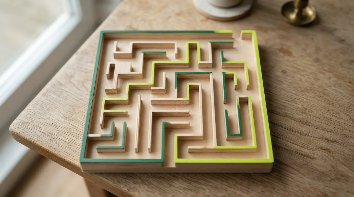 Kleines Holzlabyrinth mit erkennbaren Wegen und einem offenen Ausgang