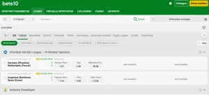 Bereich für Wetten während des Spiels mit laufenden Begegnungen und Marktübersicht von Bets10