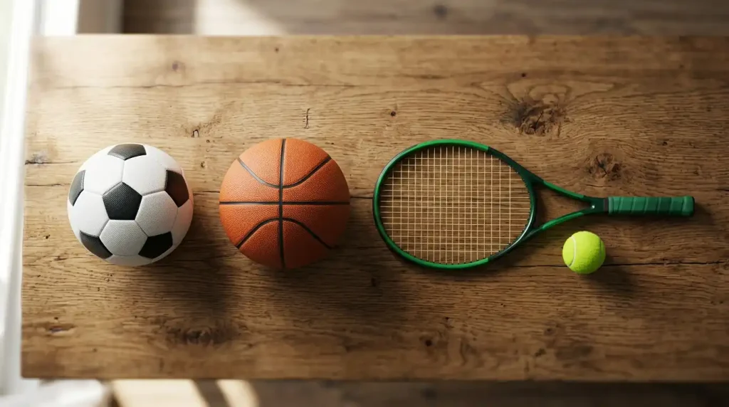 Fußball, Tennisball und weitere Sportgeräte auf einem Holztisch