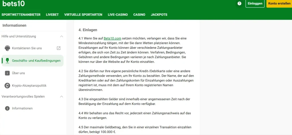 Bets10-Zahlungsbereich mit sichtbaren Karten- und Zahlungsdienstbezeichnungen